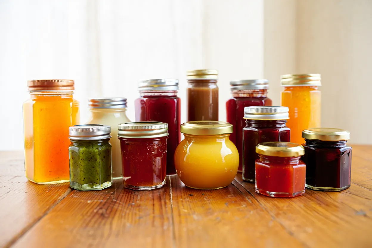 Collection of colorful artisan jam jars